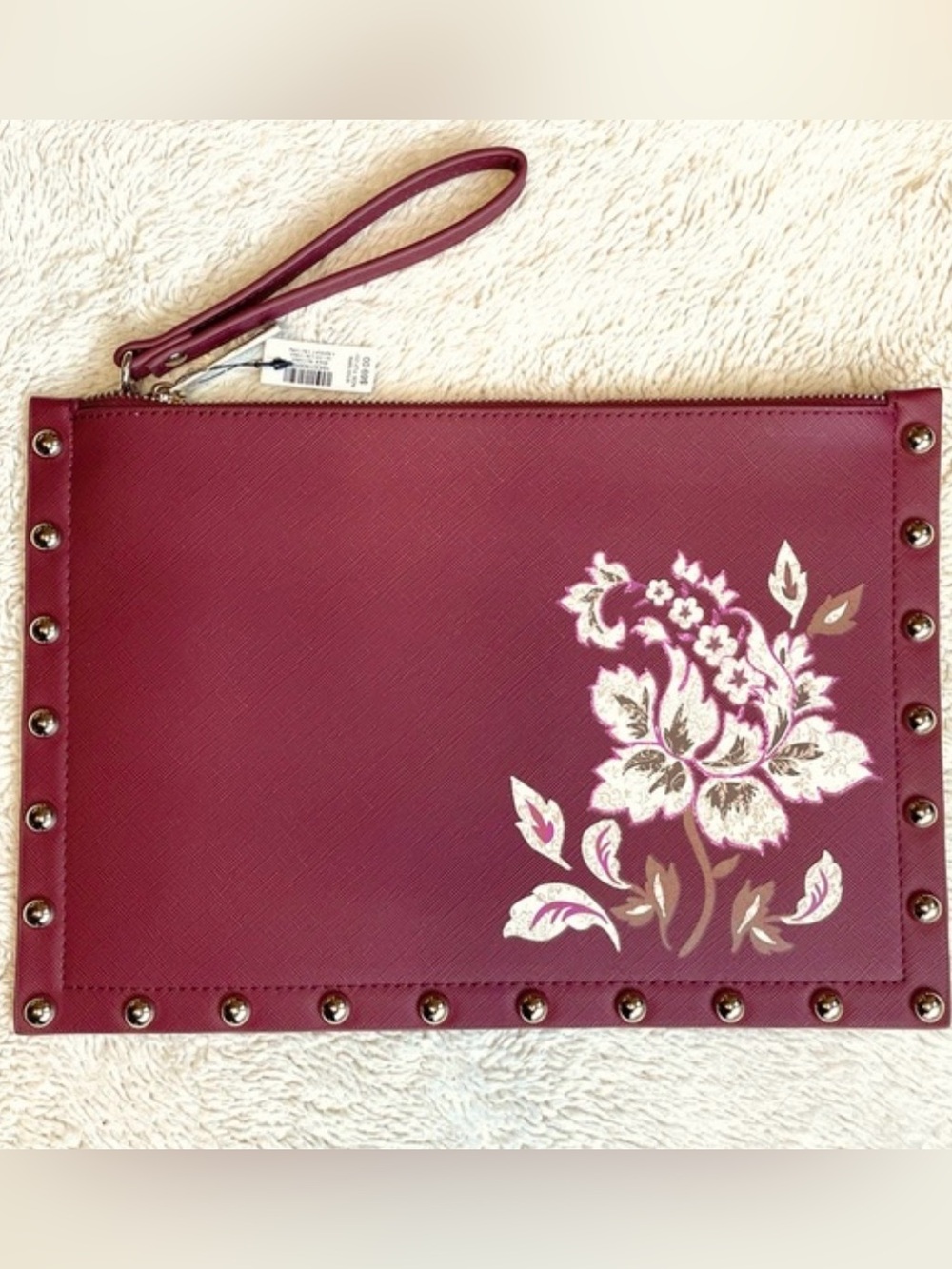 NWT White House Black Market Burgundy Port Wine Floral Studded Clutch